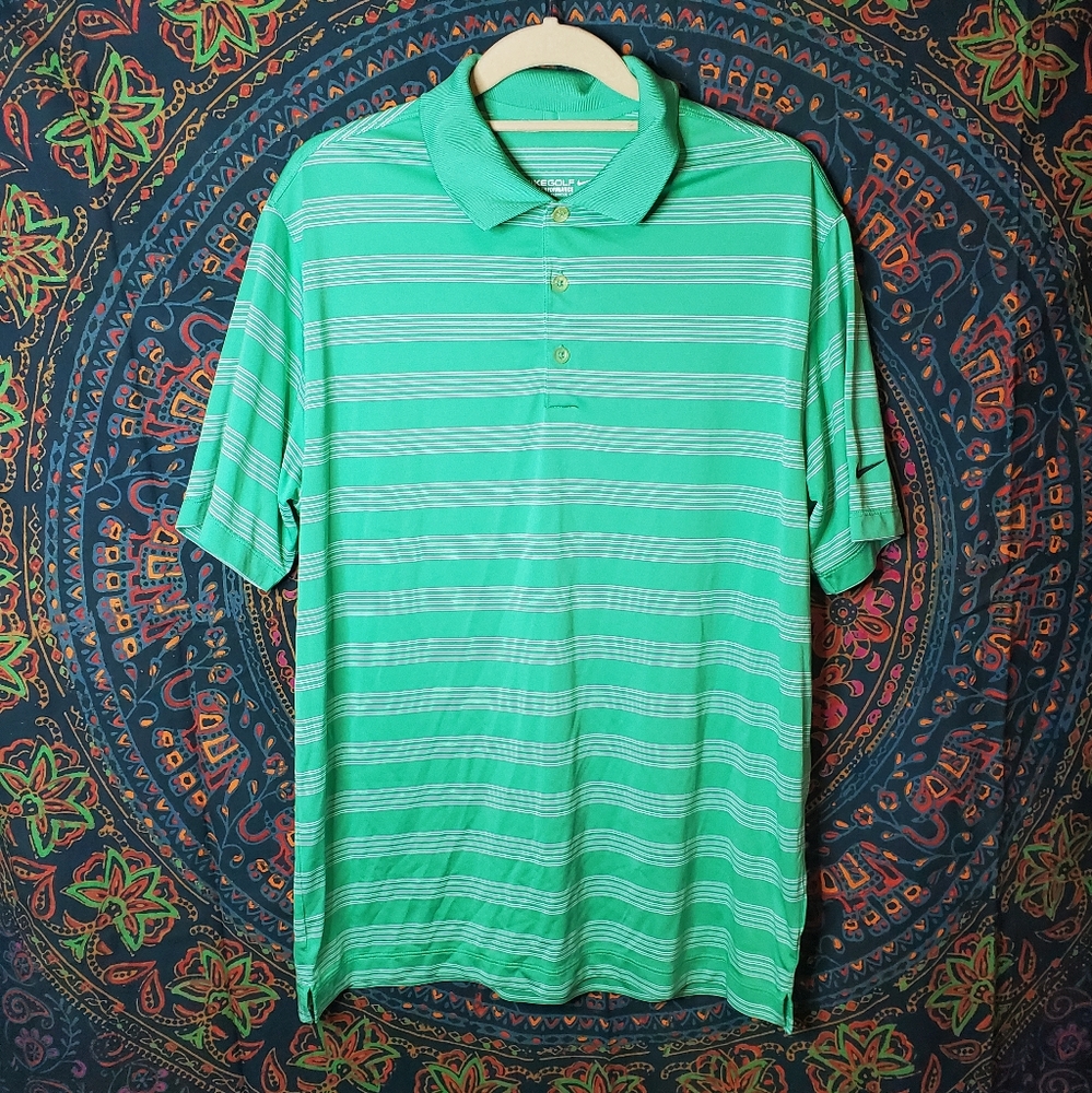 Nike Golf Tour Performance Dri-Fit Green & White Stripe Polo Shirt Mens Large